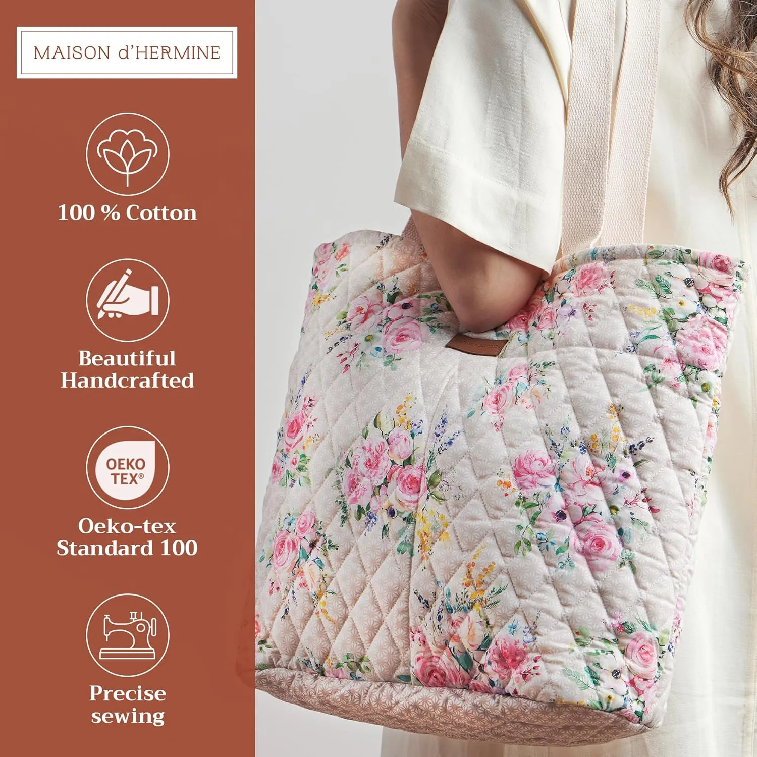 Maison d' Hermine Shopping Bag Cotton Quilted Tote Bag with Zipper Pockets & Small Pouch Grocery Bag for Work Travel Lunch