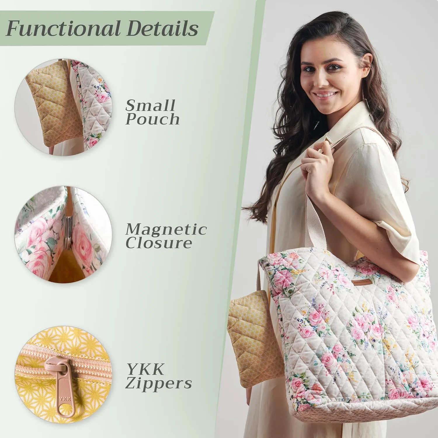 Maison d' Hermine Shopping Bag Cotton Quilted Tote Bag with Zipper Pockets & Small Pouch Grocery Bag for Work Travel Lunch