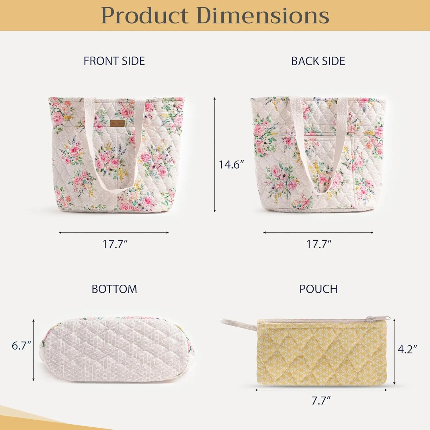 Maison d' Hermine Shopping Bag Cotton Quilted Tote Bag with Zipper Pockets & Small Pouch Grocery Bag for Work Travel Lunch