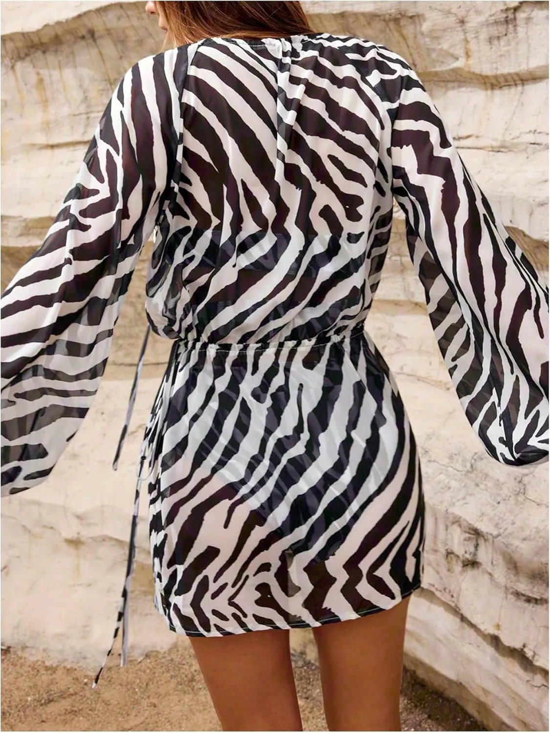 MakeMeChic Women's Zebra Print Cover Up Notched Long Sleeve Swimwear Beach Mini Dress