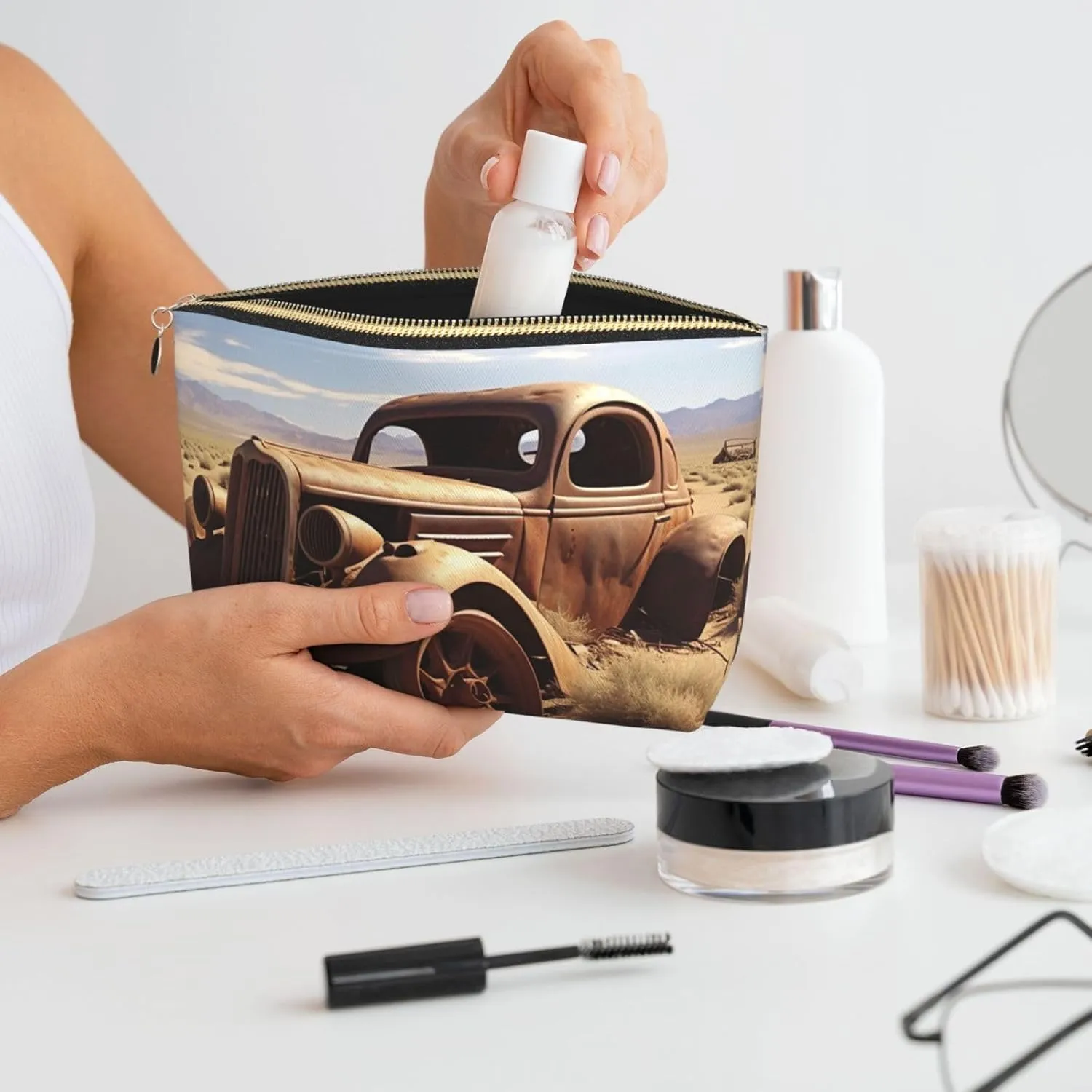 Makeup Bag for Women Wheels Abandoned in The Desert Travel Cosmetic Bag Large Capacity Portable Makeup Organizer Bags PU Leather Waterproof Toiletry Bag Cute Aesthetic Zipper Makeup Pouch