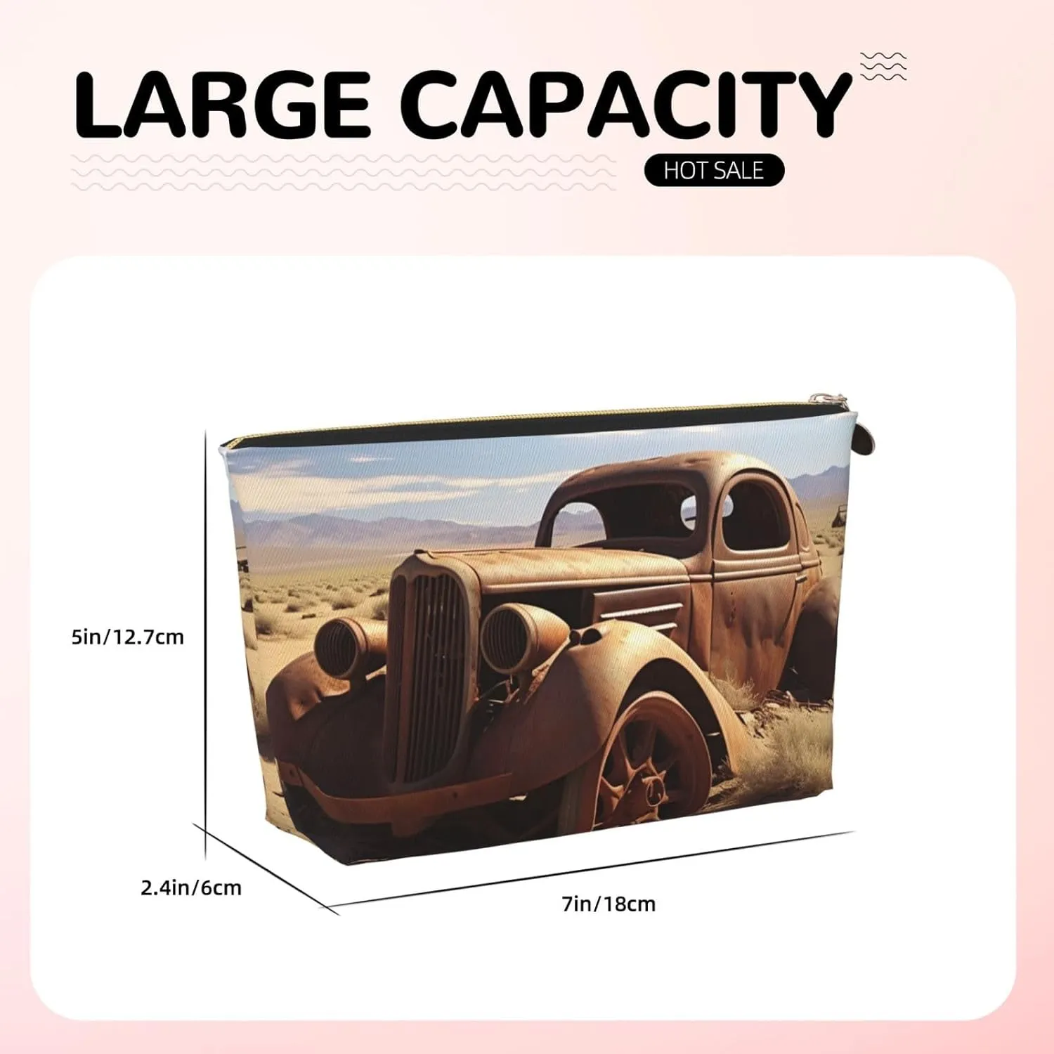 Makeup Bag for Women Wheels Abandoned in The Desert Travel Cosmetic Bag Large Capacity Portable Makeup Organizer Bags PU Leather Waterproof Toiletry Bag Cute Aesthetic Zipper Makeup Pouch