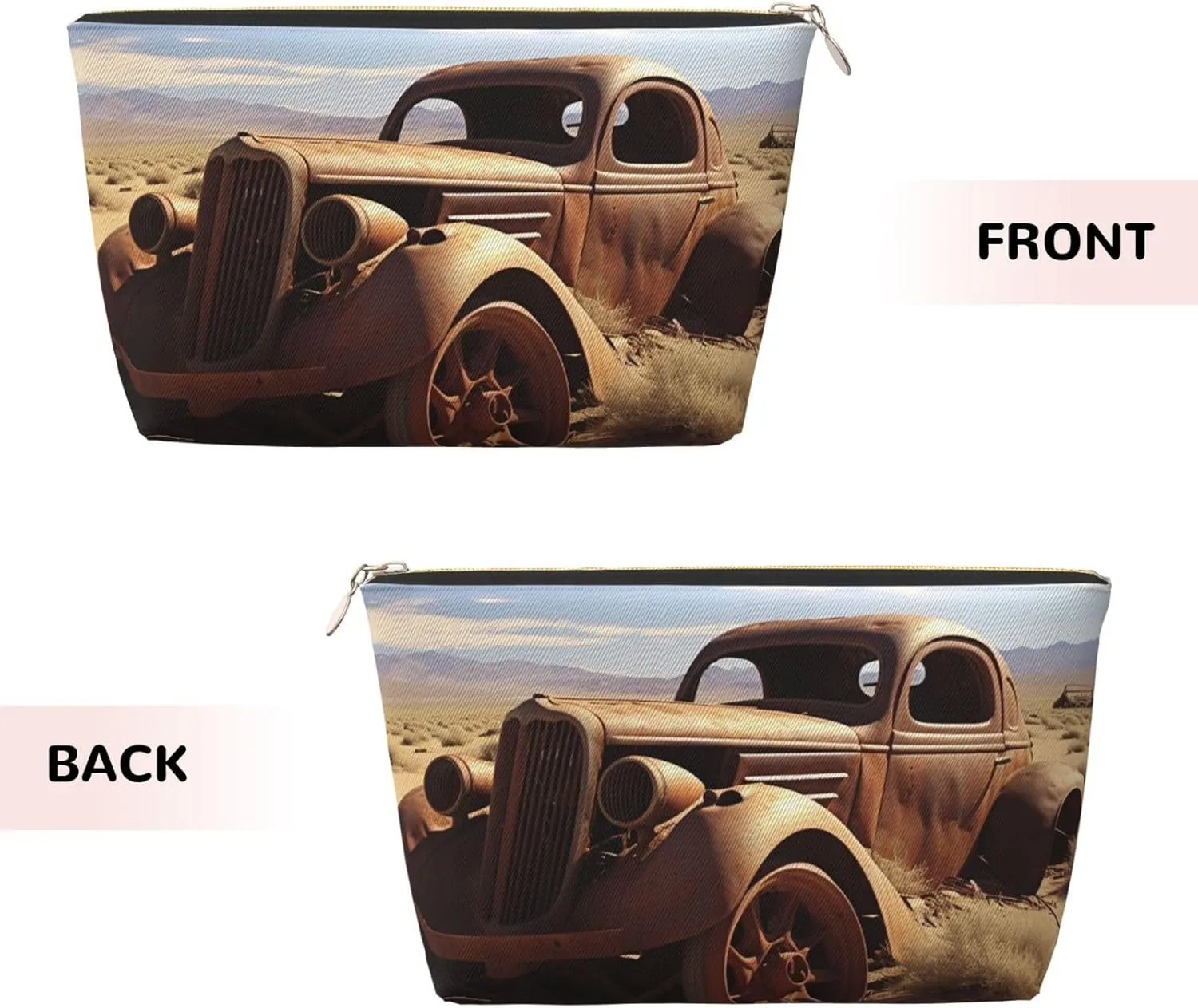 Makeup Bag for Women Wheels Abandoned in The Desert Travel Cosmetic Bag Large Capacity Portable Makeup Organizer Bags PU Leather Waterproof Toiletry Bag Cute Aesthetic Zipper Makeup Pouch