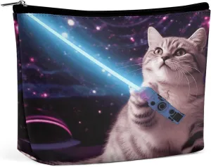 Makeup Bags Large Capacity Cosmetic Bags for Women Space Laser Cat Novelty Cute Funny Open Flat Toiletry Bag Waterproof Makeup Pouch Portable Cosmetic Organizer Makeups Train for Travel Gift