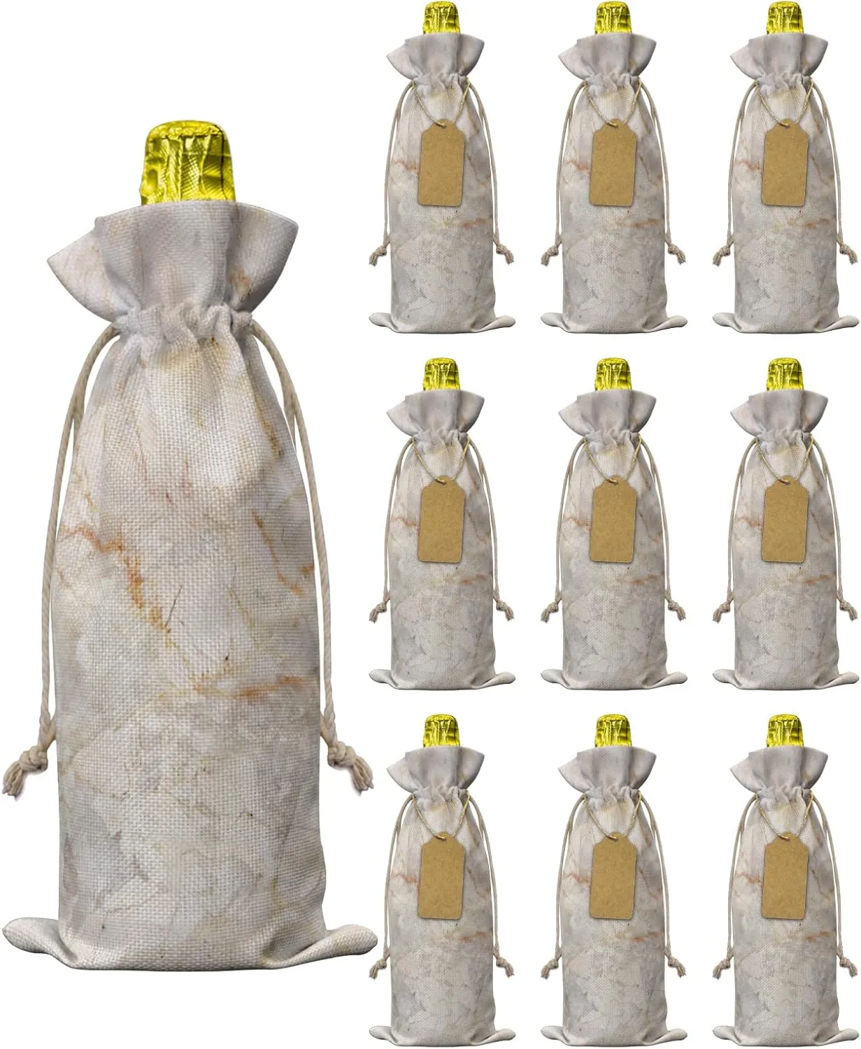Marble Burlap Wine Bags Wine Gift Bags, 10 Pcs Wine Bottle Bags with Drawstring Tag & Rope, Reusable Wine Bottle Covers for Wedding, Holiday Party - Golden Yellow Granite Texture