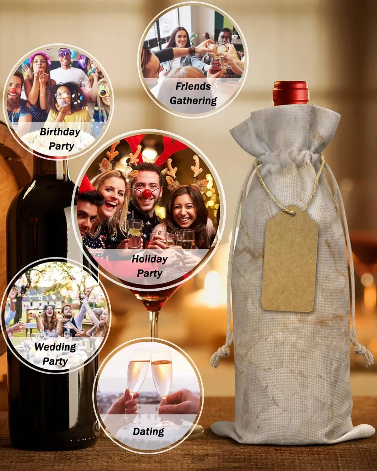 Marble Burlap Wine Bags Wine Gift Bags, 10 Pcs Wine Bottle Bags with Drawstring Tag & Rope, Reusable Wine Bottle Covers for Wedding, Holiday Party - Golden Yellow Granite Texture
