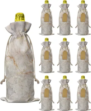 Marble Burlap Wine Bags Wine Gift Bags, 10 Pcs Wine Bottle Bags with Drawstring Tag & Rope, Reusable Wine Bottle Covers for Wedding, Holiday Party - Golden Yellow Granite Texture