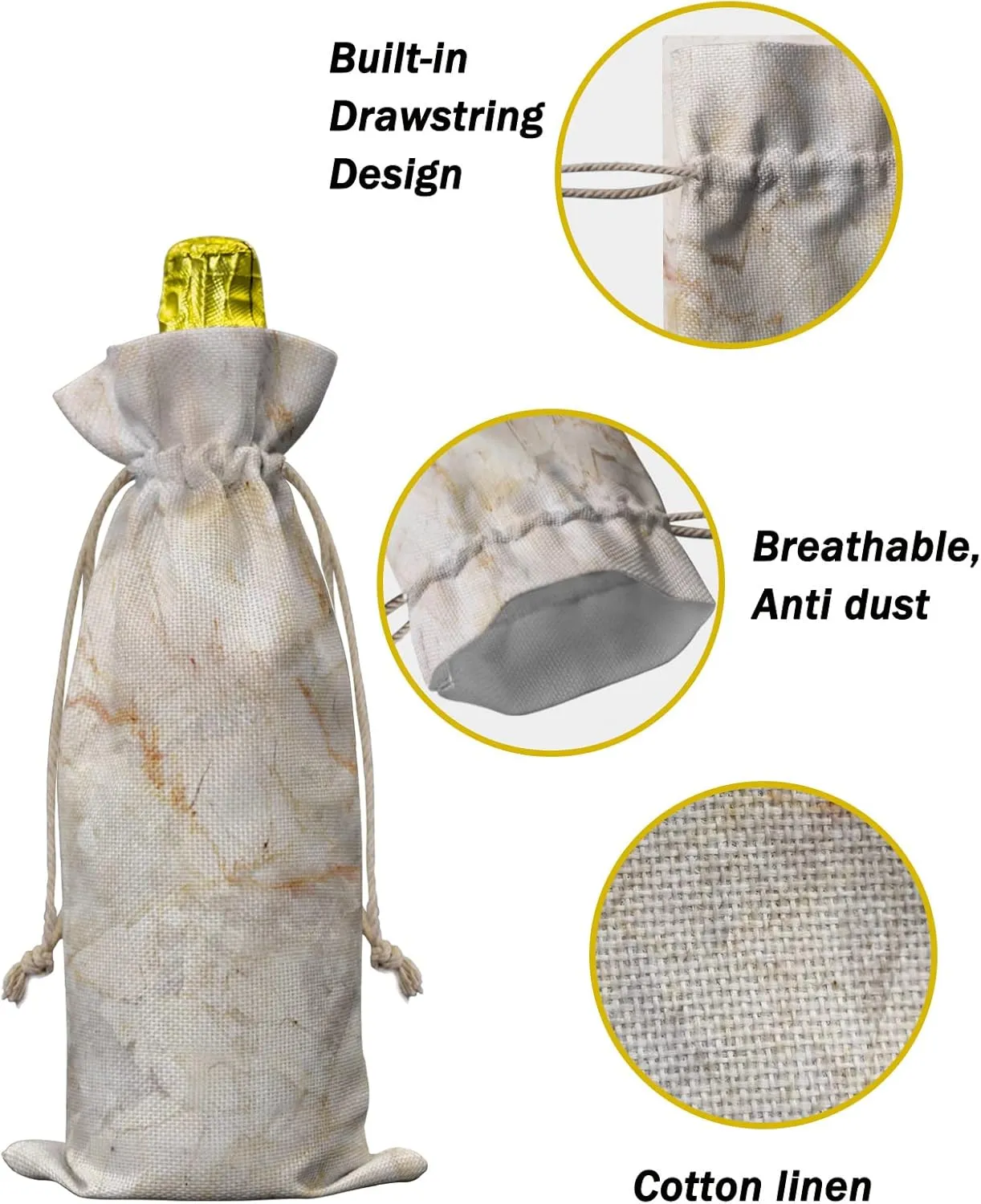 Marble Burlap Wine Bags Wine Gift Bags, 10 Pcs Wine Bottle Bags with Drawstring Tag & Rope, Reusable Wine Bottle Covers for Wedding, Holiday Party - Golden Yellow Granite Texture