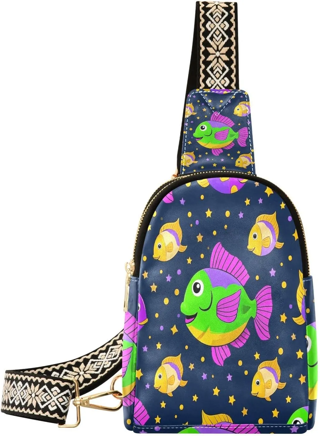 Mardi Gras Carnival Fish Star Purple Green small fanny pack waterproof over shoulder bag for hiking
