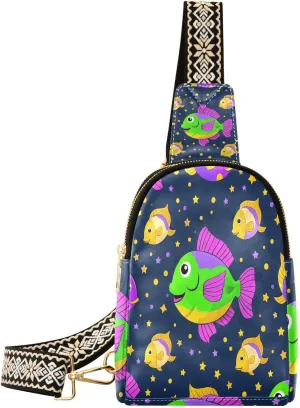 Mardi Gras Carnival Fish Star Purple Green small fanny pack waterproof over shoulder bag for hiking