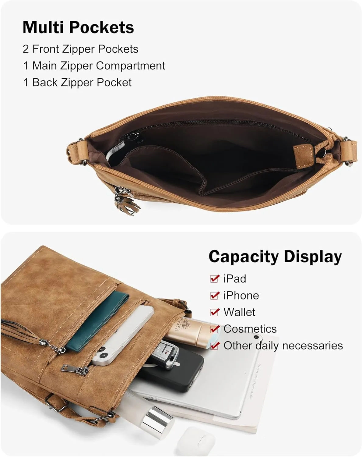 MASINTOR Crossbody Purses for Women, Multi Pocket Casual Crossbody Bag, Adjustable Strap Shoulder Bag with Tassel