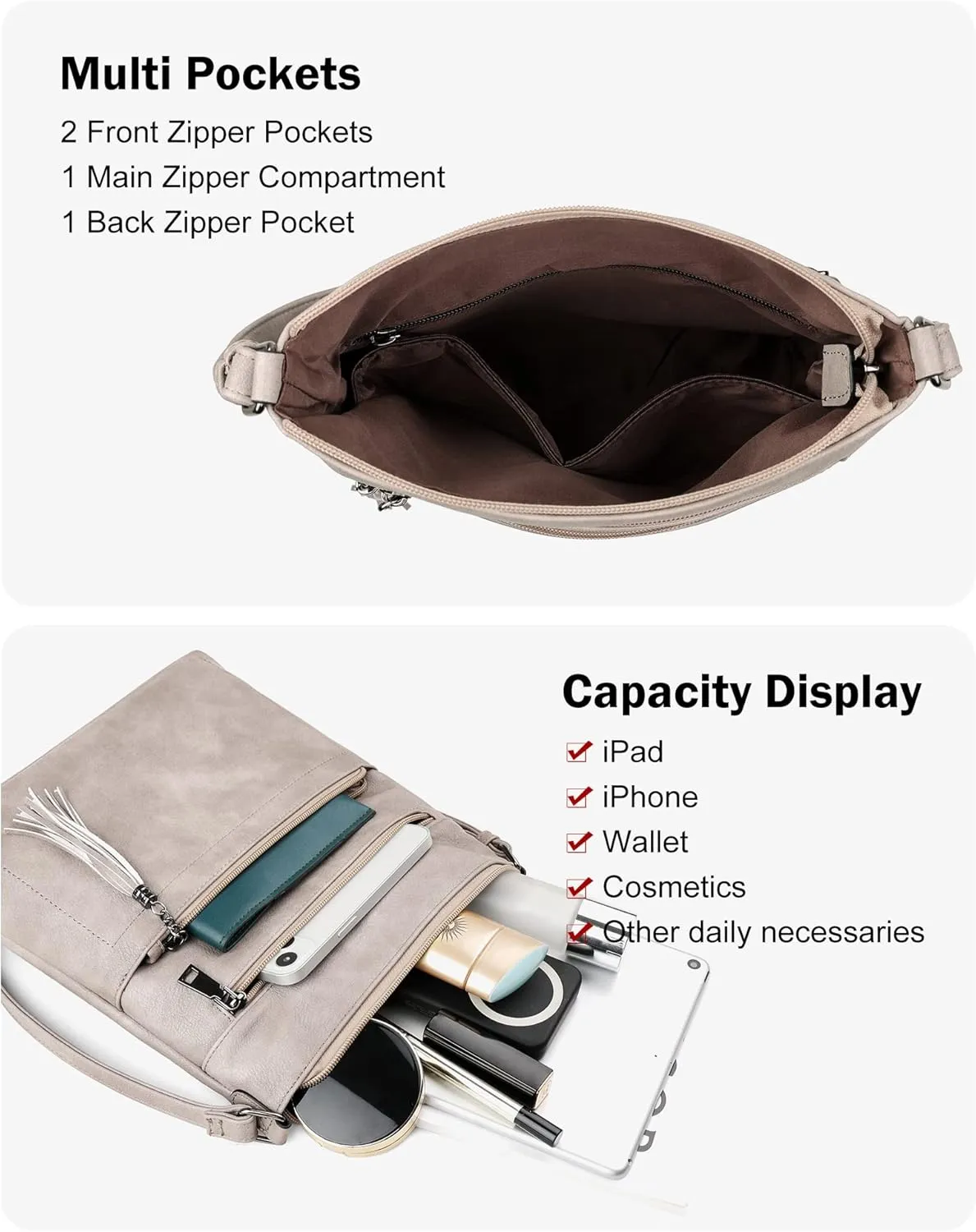 MASINTOR Crossbody Purses for Women, Multi Pocket Casual Crossbody Bag, Adjustable Strap Shoulder Bag with Tassel