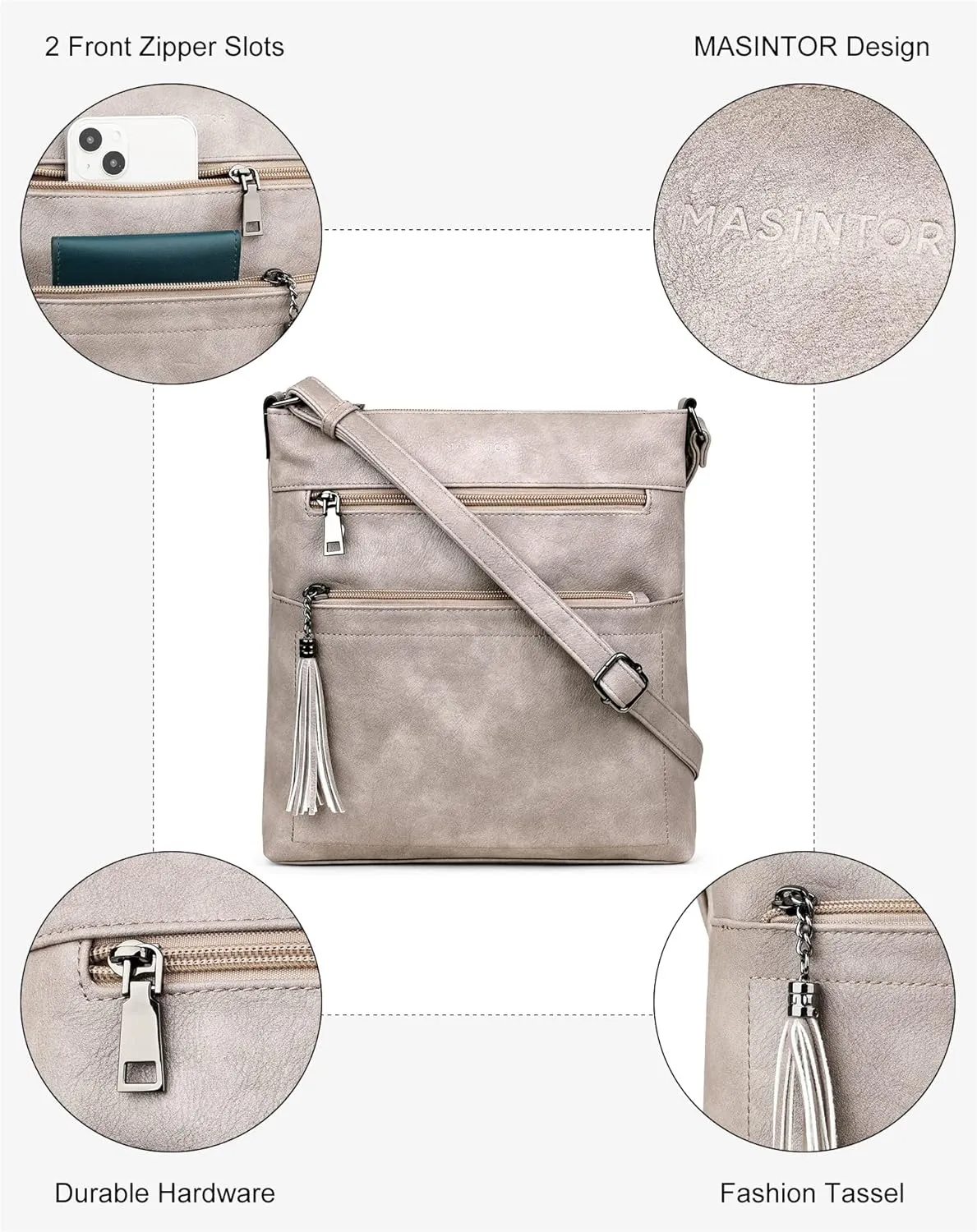 MASINTOR Crossbody Purses for Women, Multi Pocket Casual Crossbody Bag, Adjustable Strap Shoulder Bag with Tassel
