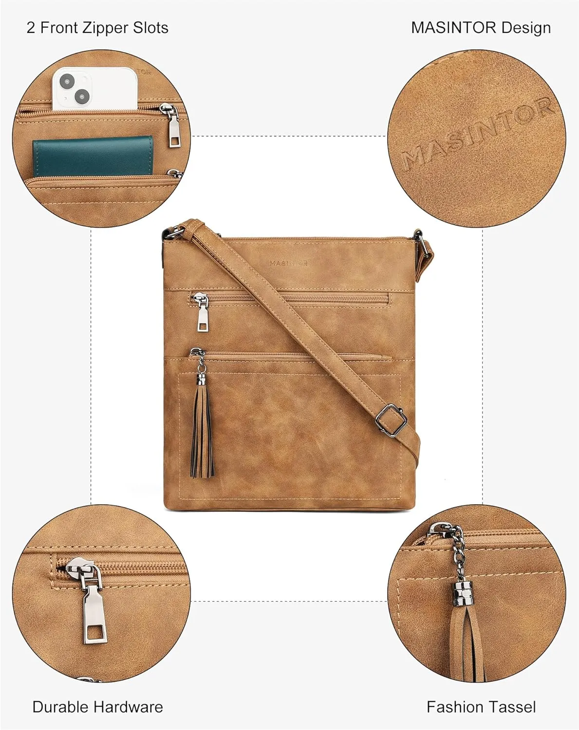 MASINTOR Crossbody Purses for Women, Multi Pocket Casual Crossbody Bag, Adjustable Strap Shoulder Bag with Tassel