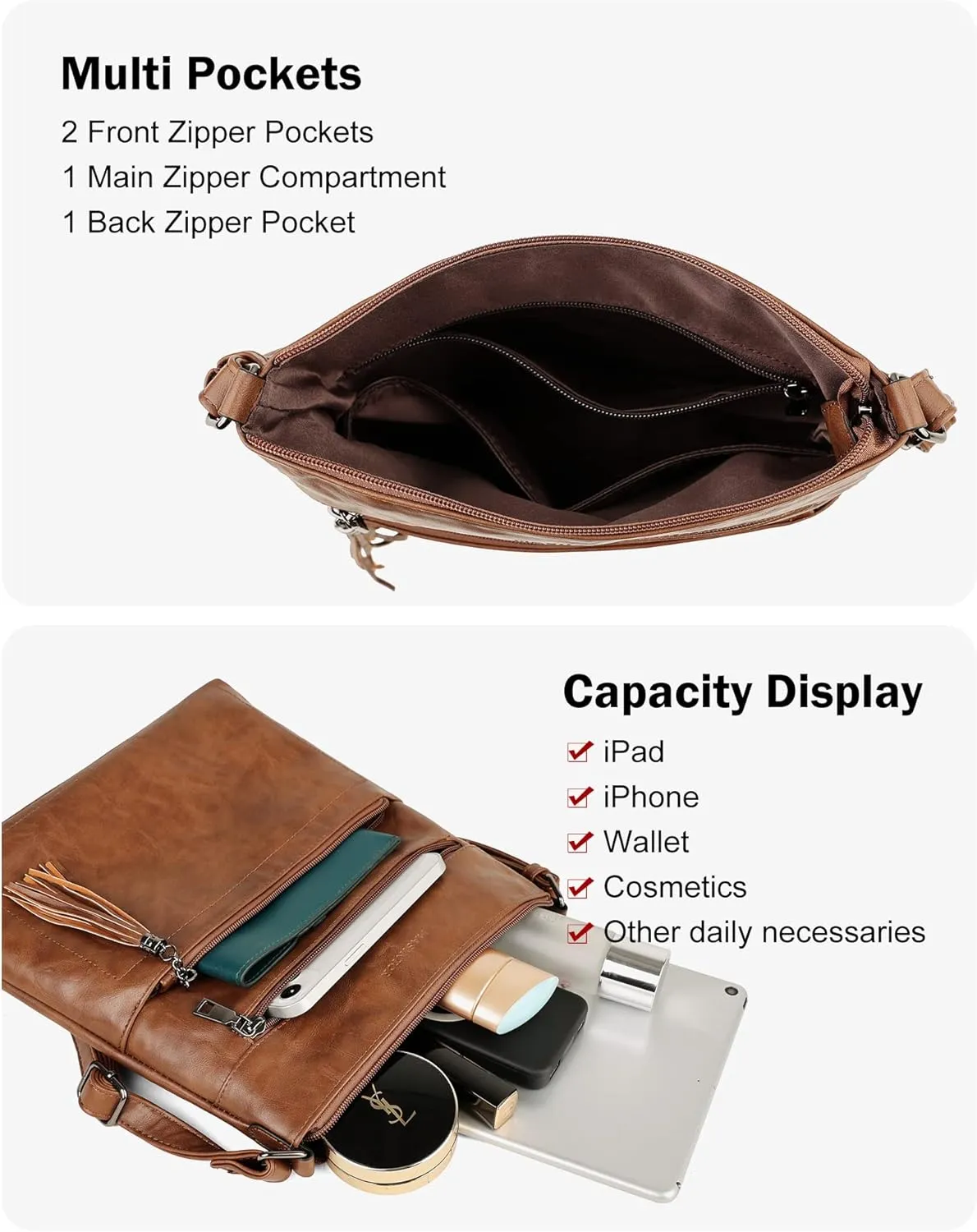 MASINTOR Crossbody Purses for Women, Multi Pocket Casual Crossbody Bag, Adjustable Strap Shoulder Bag with Tassel