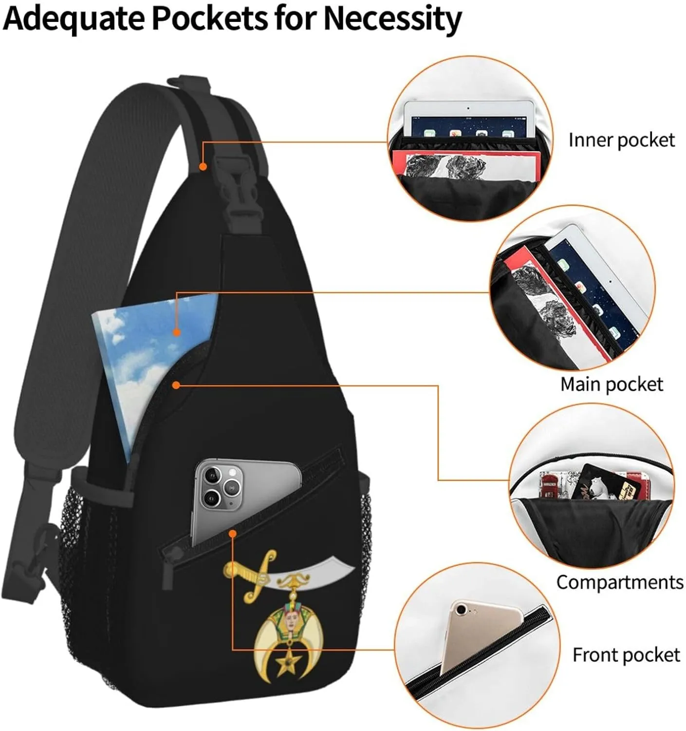 Masonic Shriner Sling Backpack Shoulder Chest Bag For Men Women Hiking Travel Crossbody Daypack