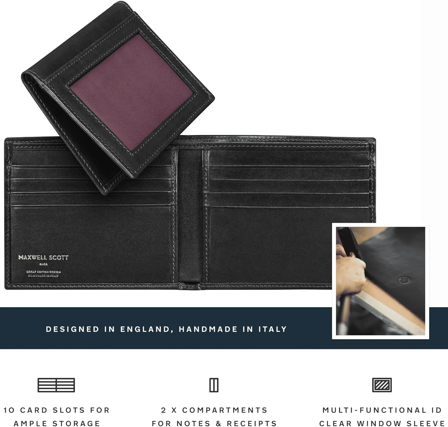 Maxwell Scott - Personalized Mens Luxury Leather 2-in-1 Trifold Wallet with Card Holder and ID Window - The Asti Black