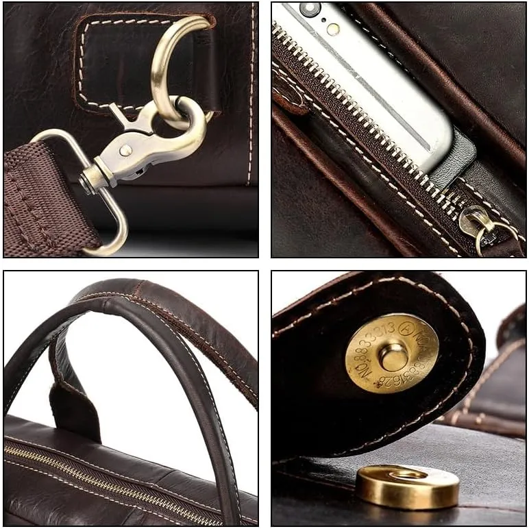 Men's Handbag Business Bag Genuine Leather Briefcase Retro Messenger Bag Office Workplace(Brown)