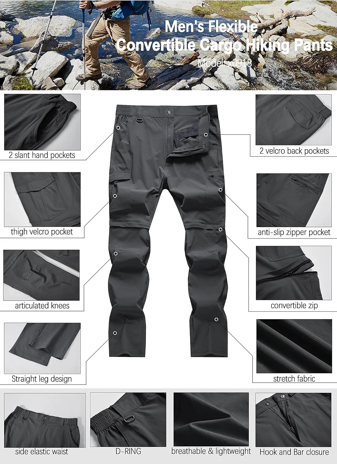 Men's Hiking Pants Convertible Zip Off Lightweight Waterproof Quick Dry Outdoor Fishing Travel Safari Camping
