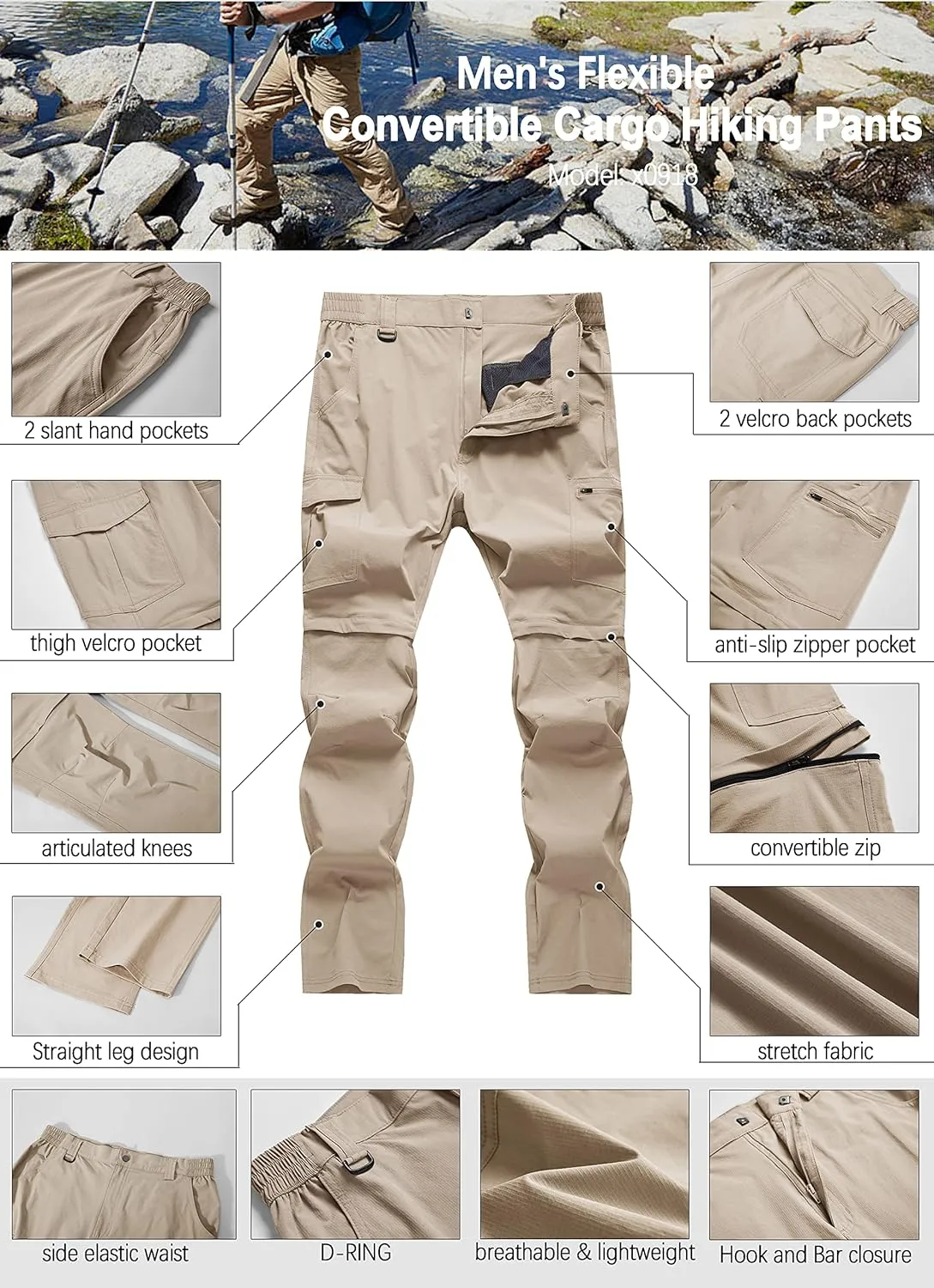 Men's Hiking Pants Convertible Zip Off Lightweight Waterproof Quick Dry Outdoor Fishing Travel Safari Camping