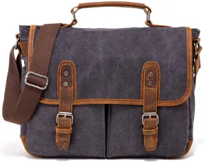Mens Messenger Bag 15.6 Inch Canvas Large Vintage Satchel Leather Handbag Crossbody Bag (Black)
