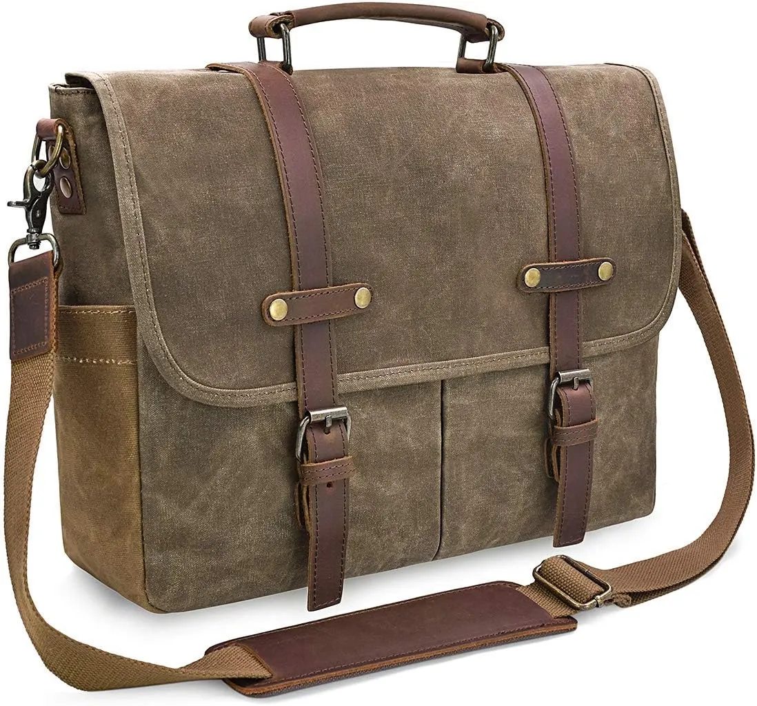 Mens Messenger Bag 15.6 Inch Waterproof Vintage Genuine Leather Waxed Canvas Briefcase Large Satchel Shoulder Bag Rugged Leather Computer Laptop Bag, Khaki