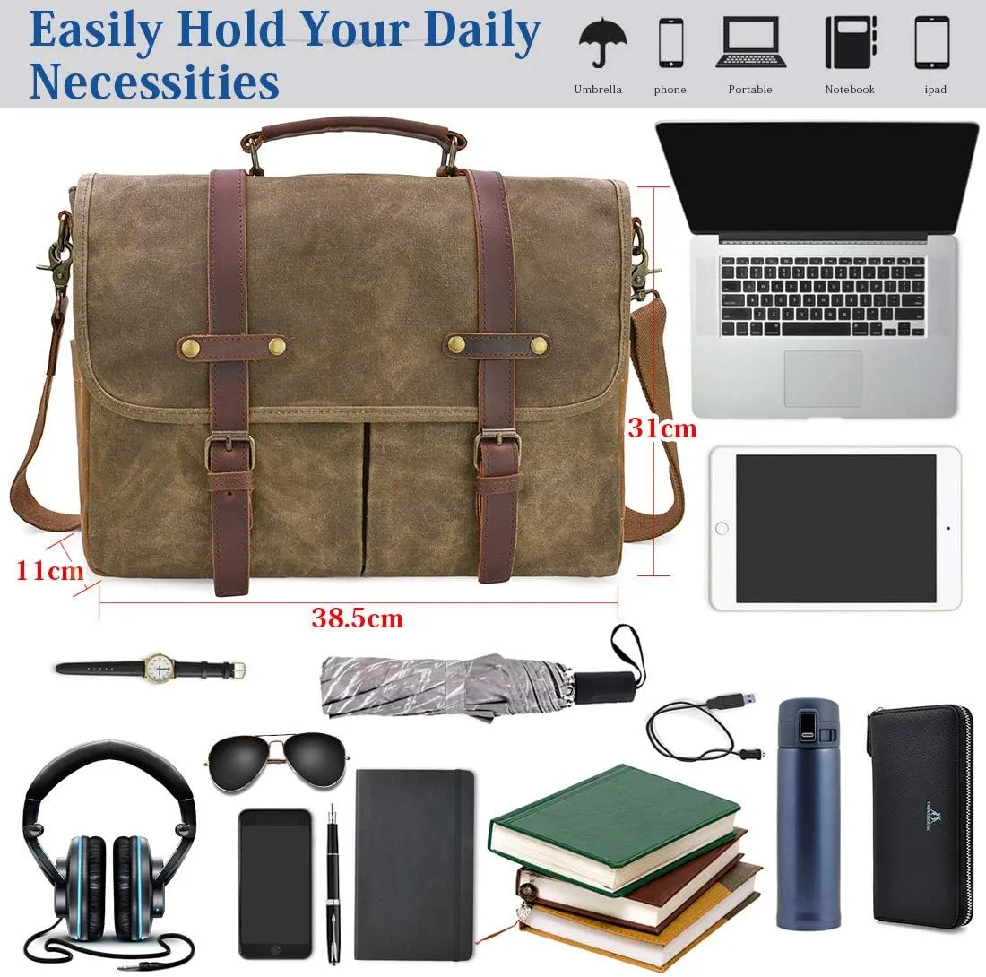 Mens Messenger Bag 15.6 Inch Waterproof Vintage Genuine Leather Waxed Canvas Briefcase Large Satchel Shoulder Bag Rugged Leather Computer Laptop Bag, Khaki