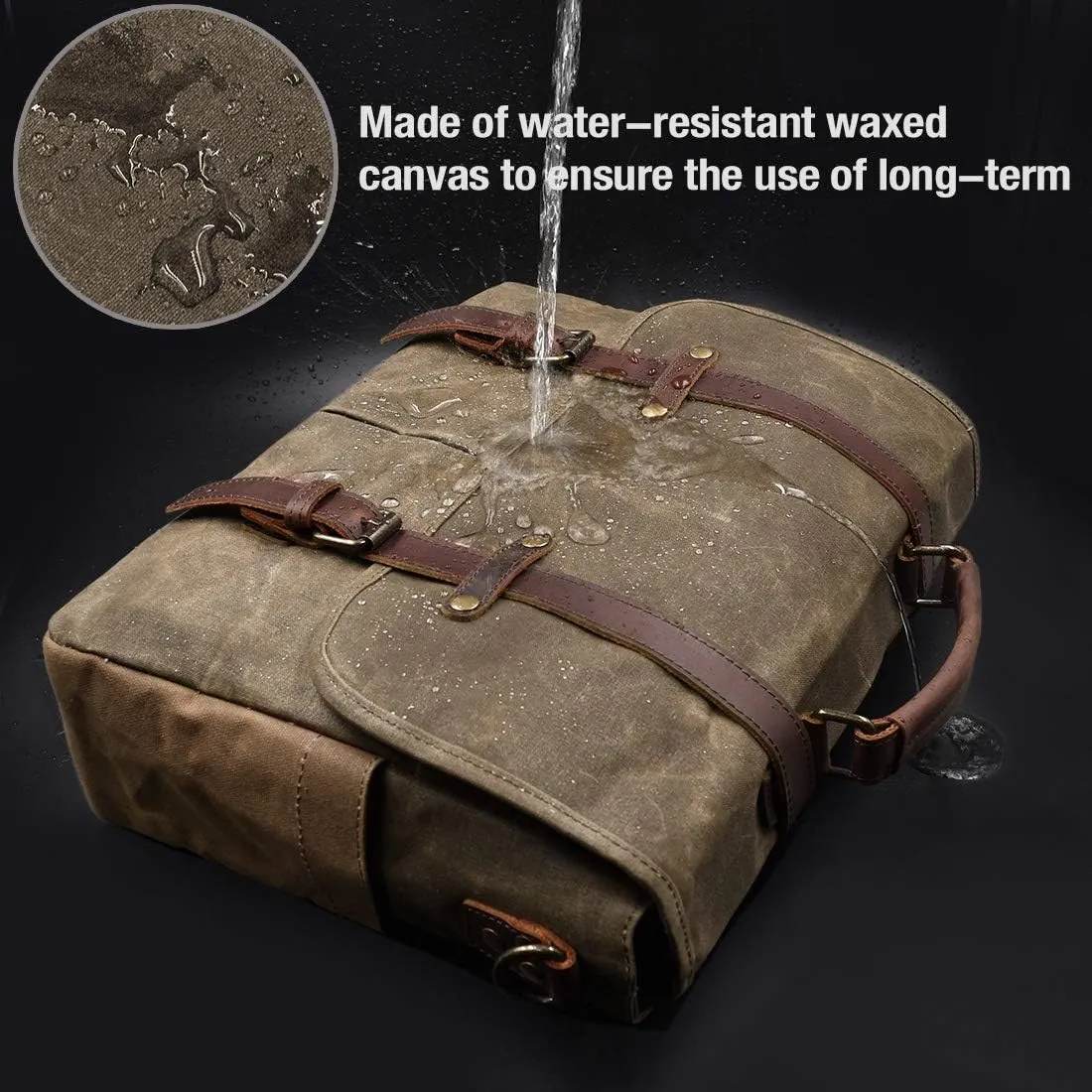 Mens Messenger Bag 15.6 Inch Waterproof Vintage Genuine Leather Waxed Canvas Briefcase Large Satchel Shoulder Bag Rugged Leather Computer Laptop Bag, Khaki