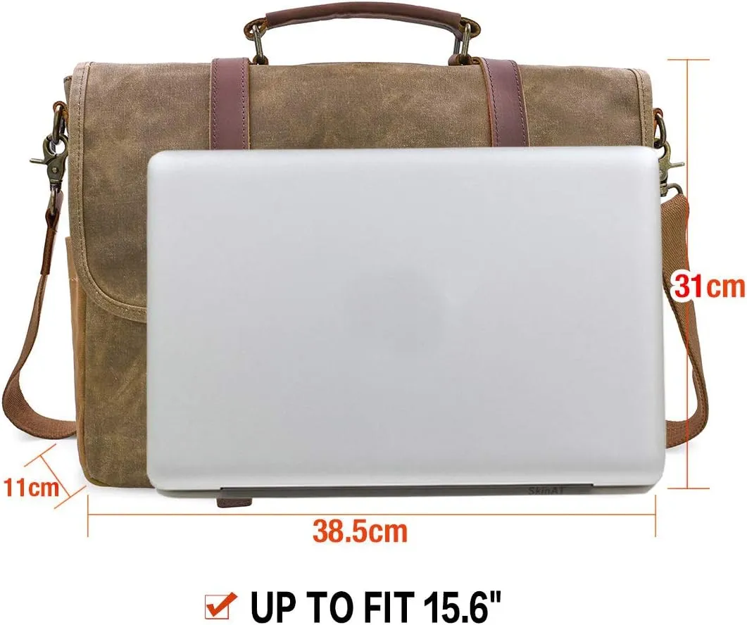 Mens Messenger Bag 15.6 Inch Waterproof Vintage Genuine Leather Waxed Canvas Briefcase Large Satchel Shoulder Bag Rugged Leather Computer Laptop Bag, Khaki