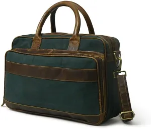 Mens Messenger Bag 15.6" Vintage Green Leather Canvas Laptop Briefcase Bag Shoulder Crossbody Bag