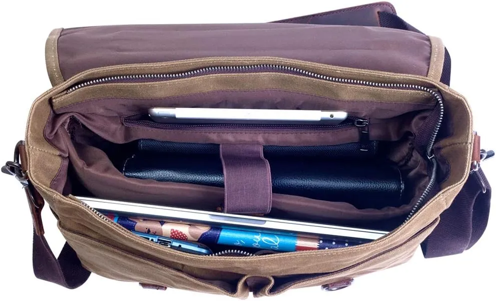 Mens Messenger Bag Waterproof Vintage Genuine Leather Waxed Canvas Briefcase Large Satchel Shoulder Bag Laptop Bag