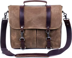 Mens Messenger Bag Waterproof Vintage Genuine Leather Waxed Canvas Briefcase Large Satchel Shoulder Bag Laptop Bag