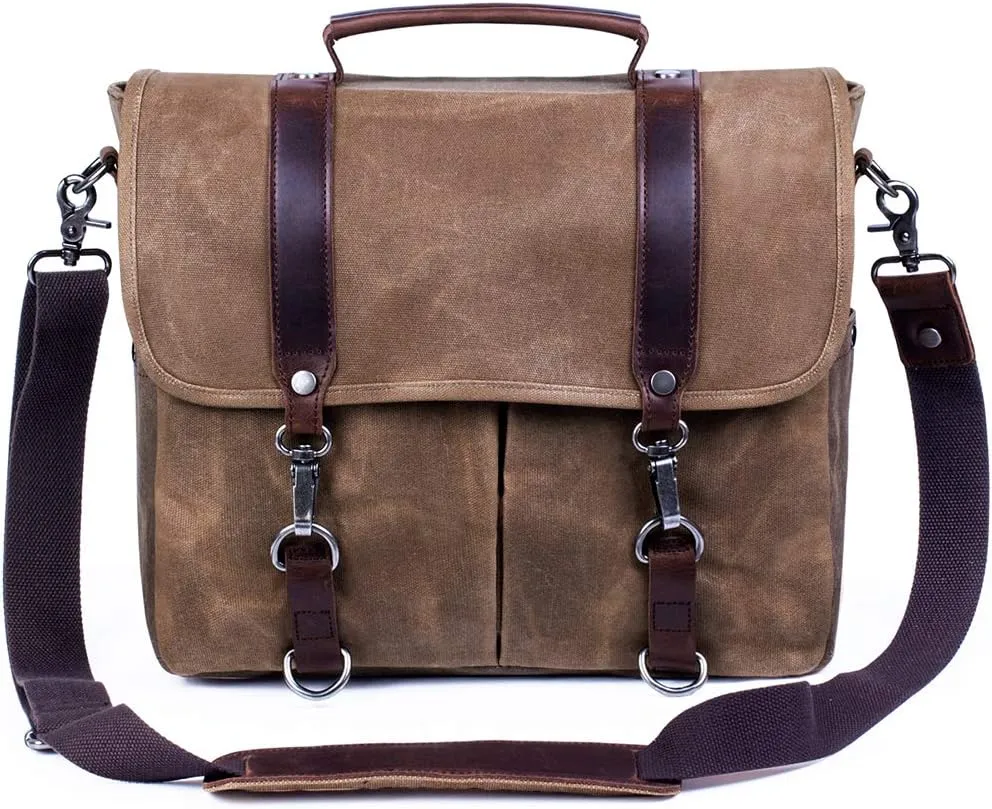 Mens Messenger Bag Waterproof Vintage Genuine Leather Waxed Canvas Briefcase Large Satchel Shoulder Bag Laptop Bag