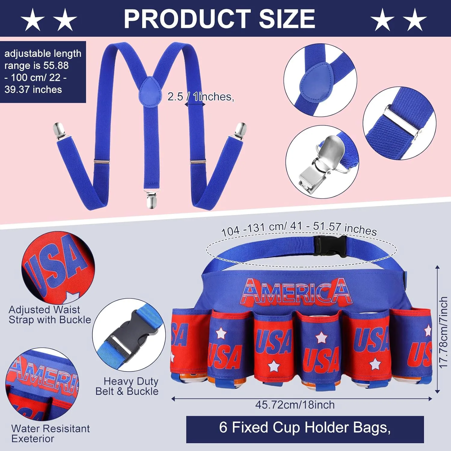 Mepase 6 Pcs Patriotic Beverage Beer Belt Costume USA Fanny Pack Outfit Beer belt for man 4th of July National Day Outdoor