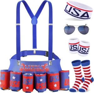 Mepase 6 Pcs Patriotic Beverage Beer Belt Costume USA Fanny Pack Outfit Beer belt for man 4th of July National Day Outdoor