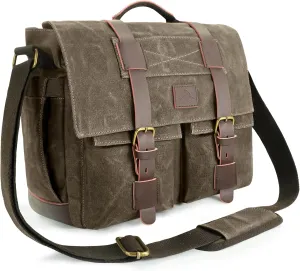 Messenger Bag for Men,13-14-15.6 Inch Laptop Bag, Vintage Water-resistant Waxed Canvas Satchel Bag, Leather Briefcase for School Work Travel (Vintage Grey)