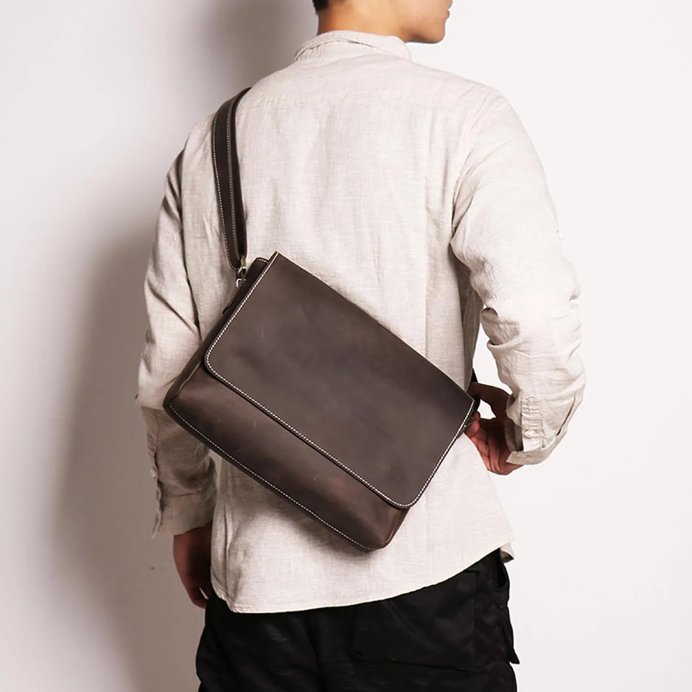 Messenger Bag Vintage Genuine Cowhide Leather Waxed Canvas Briefcase Large Satchel Shoulder Bag Rugged Leather Bag for Men (drak coffe)
