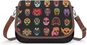 Mexican Dead Skull Facial Masks Women's Crossbody Bag Leather Medium Shoulder Handbag Fashion Tote Purse with Adjustable Strap