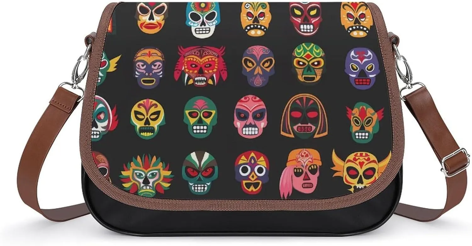Mexican Dead Skull Facial Masks Women's Crossbody Bag Leather Medium Shoulder Handbag Fashion Tote Purse with Adjustable Strap