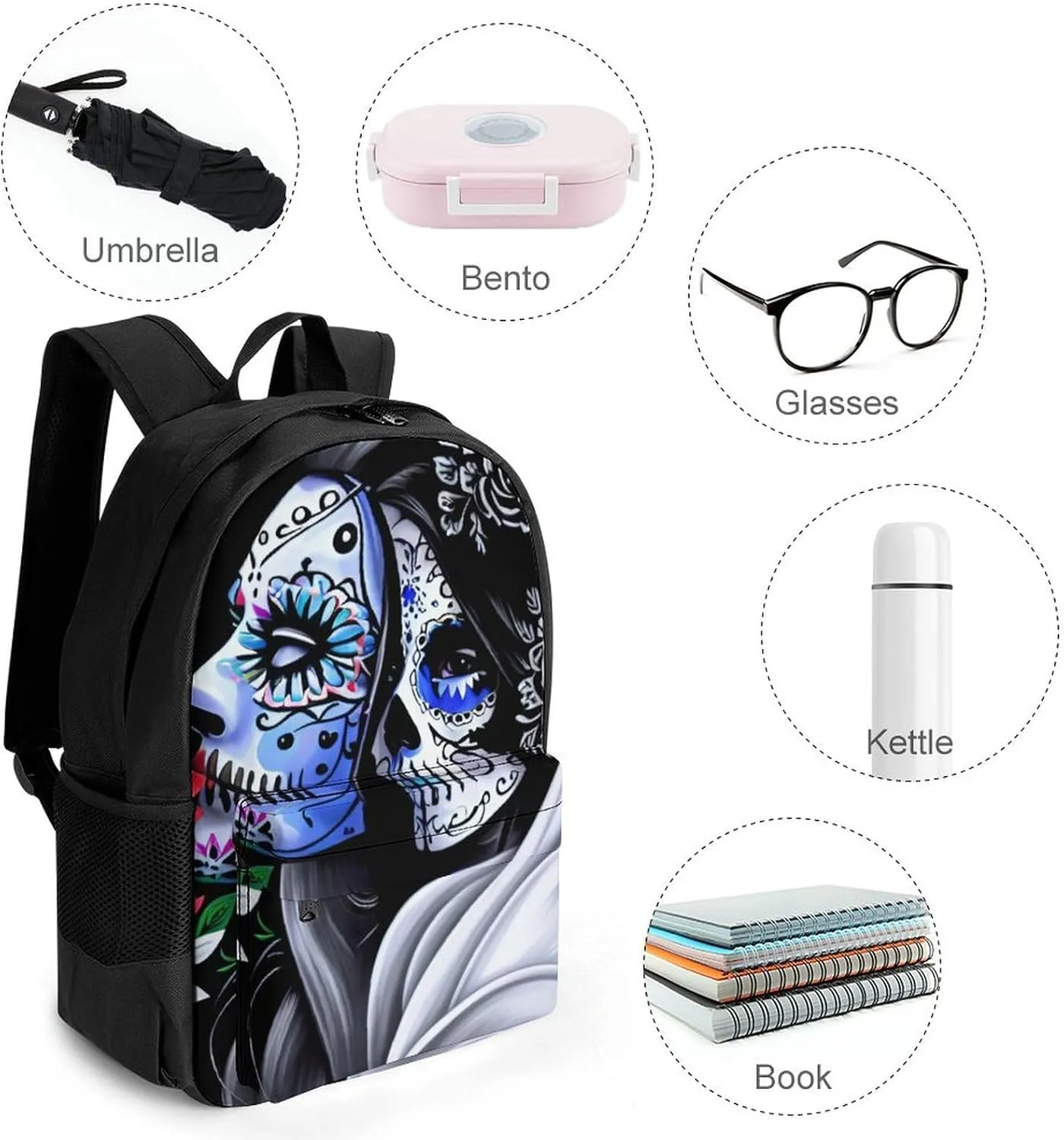 Mexican Sugar Skull Floral Women Day of The Dead Art Rucksacks Polyester Anti-Theft Multipurpose Carry On Bag Large Capacity Gym Outdoor Hiking Backpack With Smooth Zippers