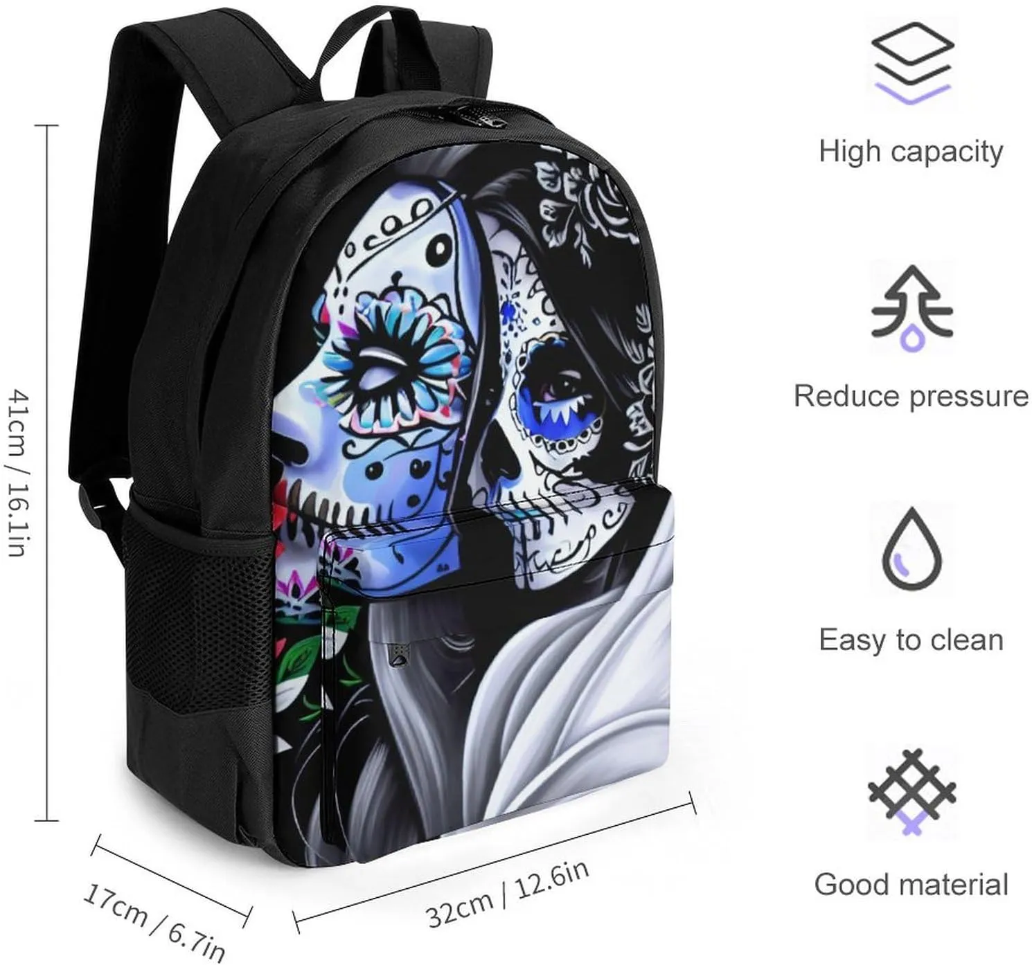 Mexican Sugar Skull Floral Women Day of The Dead Art Rucksacks Polyester Anti-Theft Multipurpose Carry On Bag Large Capacity Gym Outdoor Hiking Backpack With Smooth Zippers