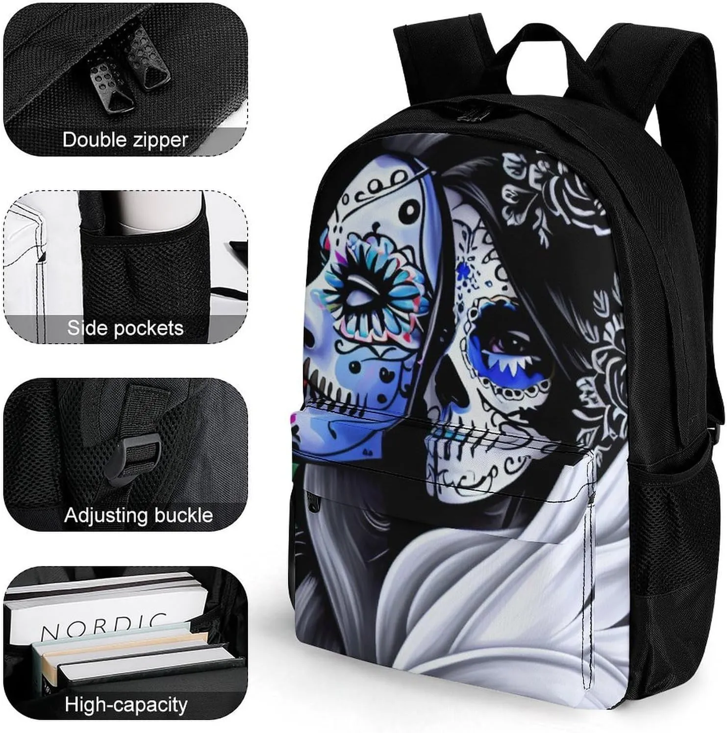 Mexican Sugar Skull Floral Women Day of The Dead Art Rucksacks Polyester Anti-Theft Multipurpose Carry On Bag Large Capacity Gym Outdoor Hiking Backpack With Smooth Zippers