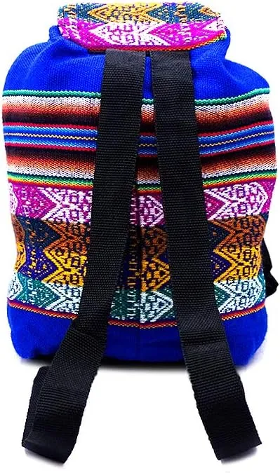 Mia Jewel Shop Mini Multicolored Peruvian Tribal Print Striped Pattern Lightweight Drawstring Backpack - Handmade Bags Boho Accessories (Blue)