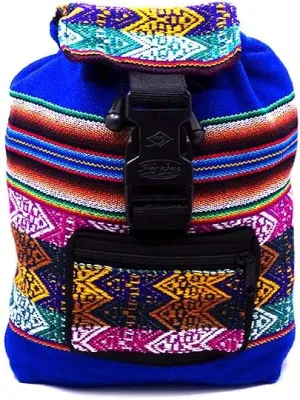 Mia Jewel Shop Mini Multicolored Peruvian Tribal Print Striped Pattern Lightweight Drawstring Backpack - Handmade Bags Boho Accessories (Blue)