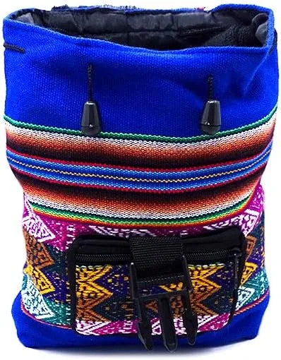 Mia Jewel Shop Mini Multicolored Peruvian Tribal Print Striped Pattern Lightweight Drawstring Backpack - Handmade Bags Boho Accessories (Blue)