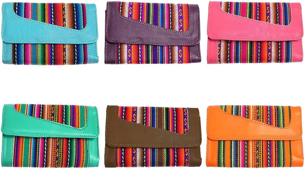 Mia Jewel Shop Multicolored Tribal Striped Print Leather Trifold Wallet ID Window Card Slots - Womens Fashion Handmade Bags Boho Travel Accessories (Blue)