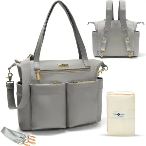 Miss Fong Leather Diaper Tote for Girls & Boys - Large Diaper Bag with 11 Organizer Pockets, Changing Pad, Stroller Straps, 4 Insulated Pockets
