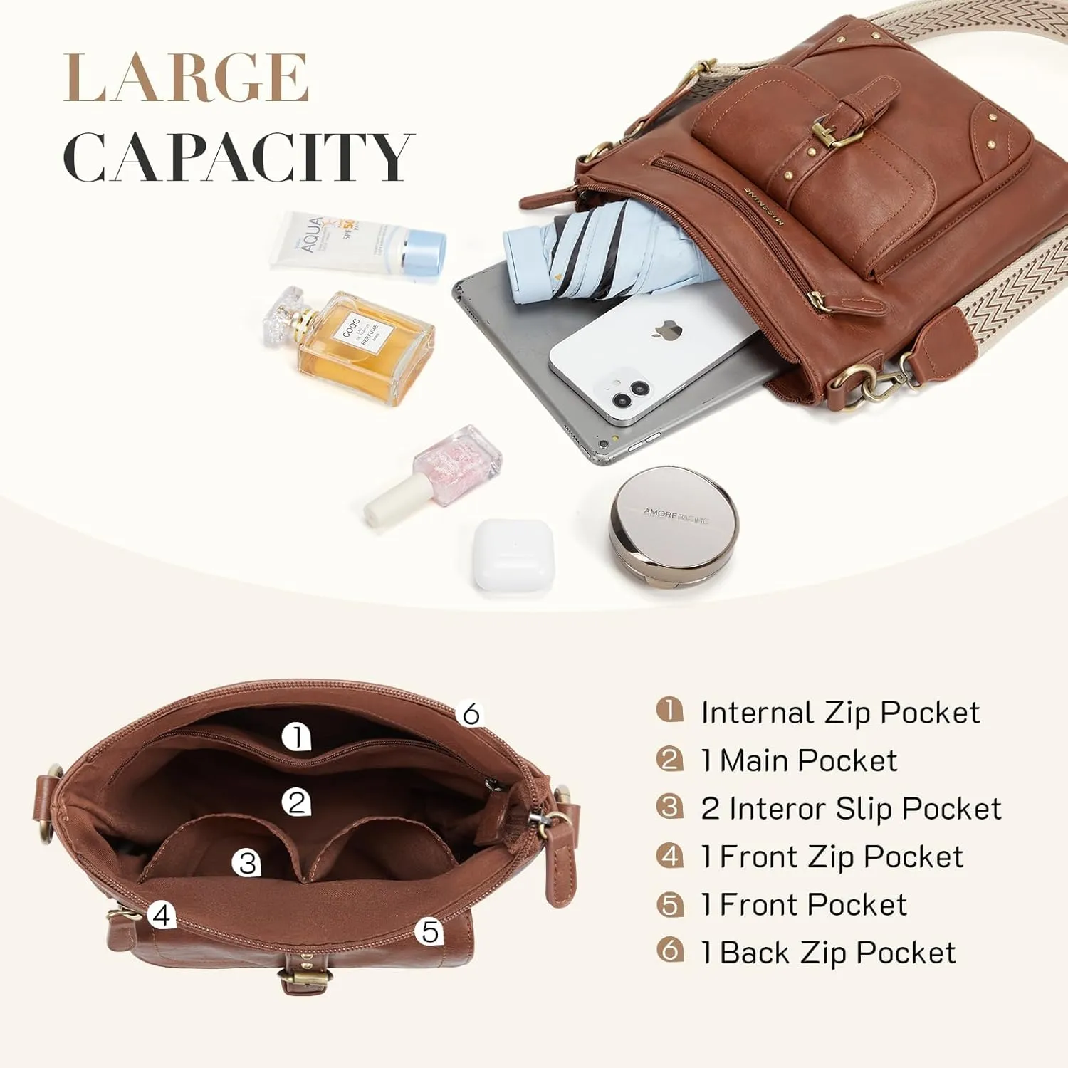 Missnine Crossbody Bags for Women Multi Pocket Purses Soft Leather Medium Shoulder Handbags with Adjustable Strap