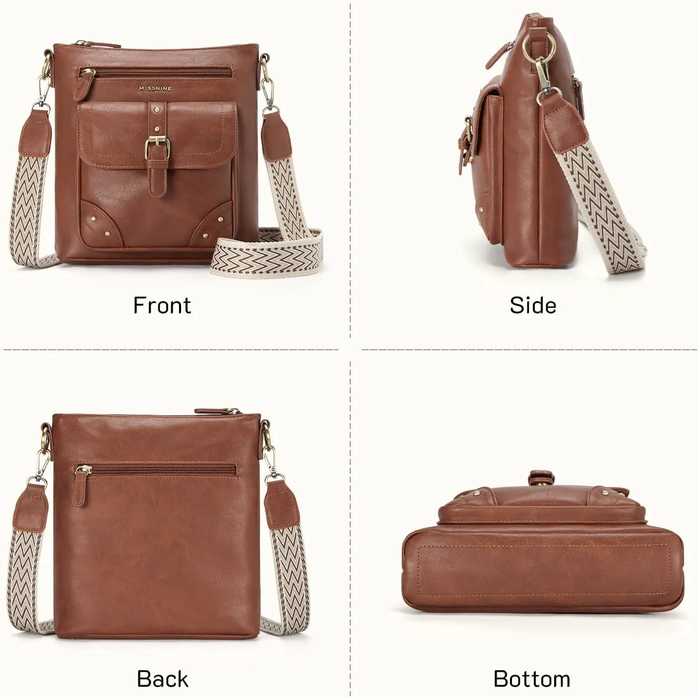 Missnine Crossbody Bags for Women Multi Pocket Purses Soft Leather Medium Shoulder Handbags with Adjustable Strap
