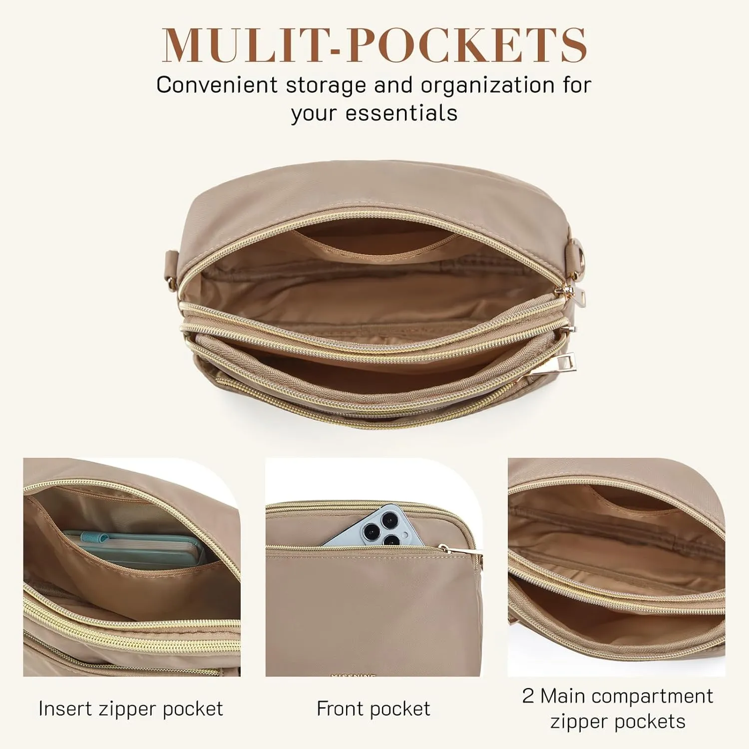 Missnine Small Crossbody Bags for Women, Travel Handbags and Purses, Trendy Nylon Shoulder Bag with Adjustable Strap